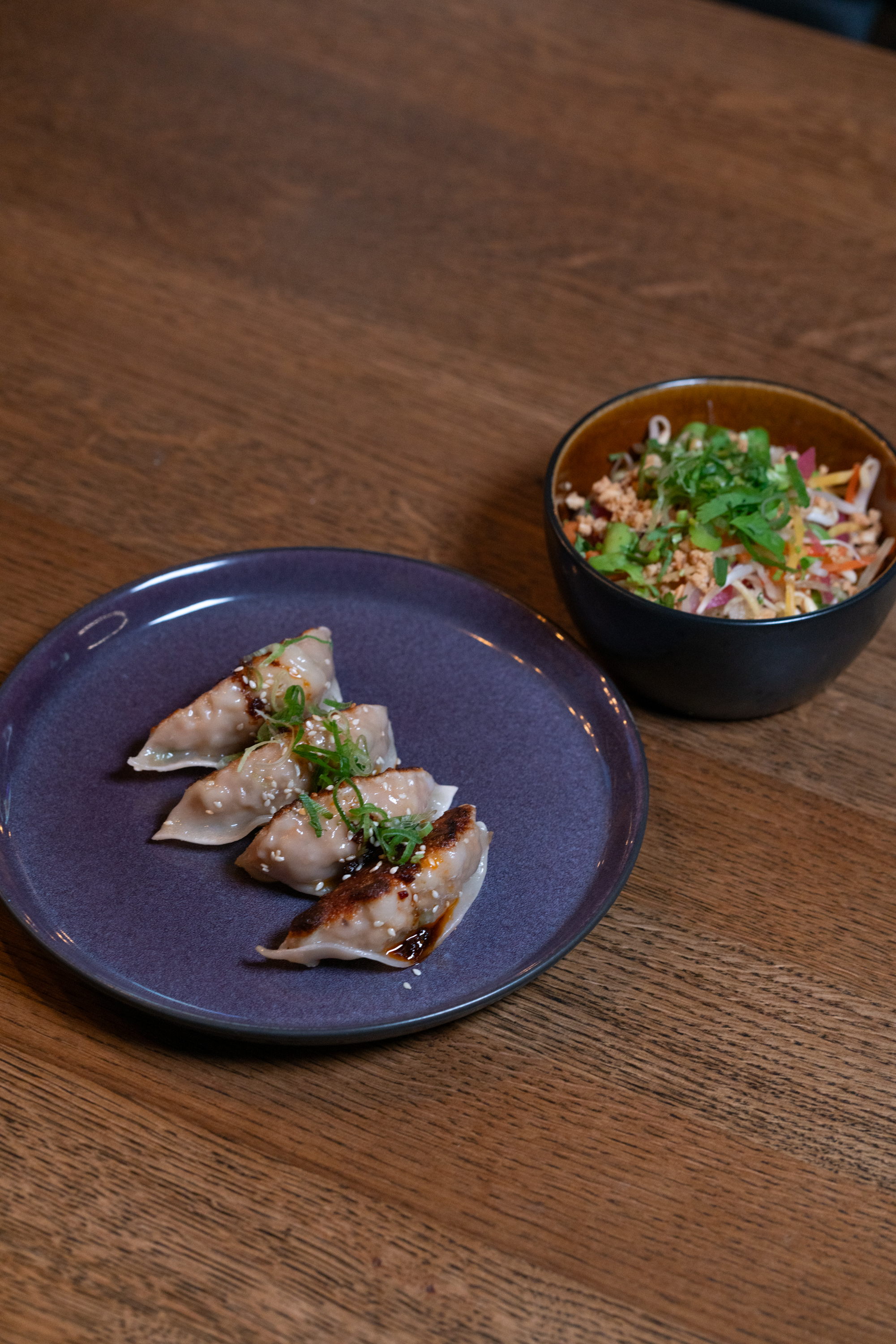 Dumplings, salad and soda 