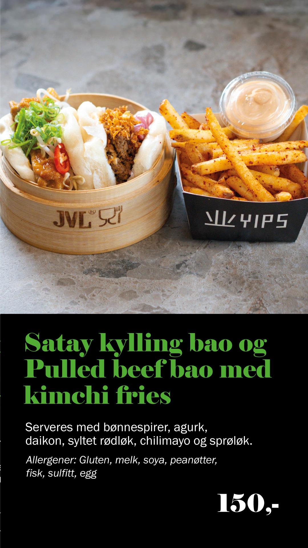 Satay kylling bao og Pulled beef bao med kimchi fries